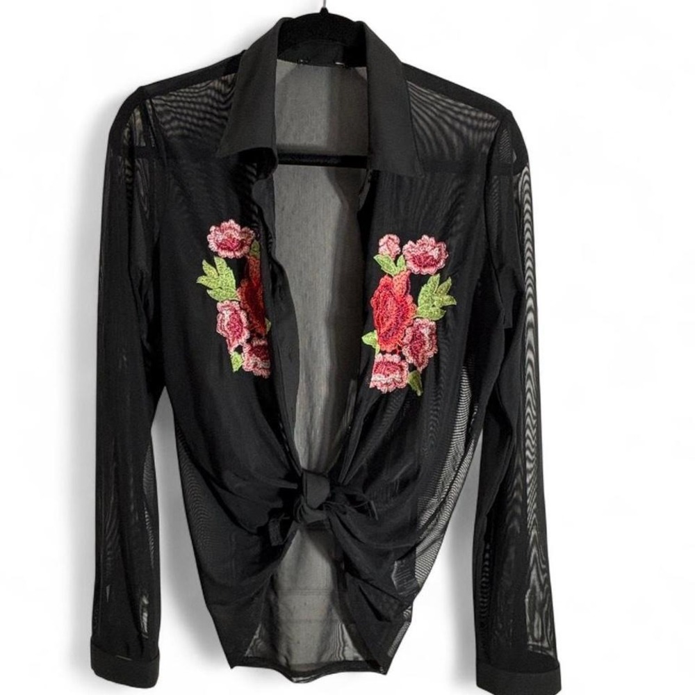 Black mesh long sleeve  rose embroidery button-up whimsy goth vibe